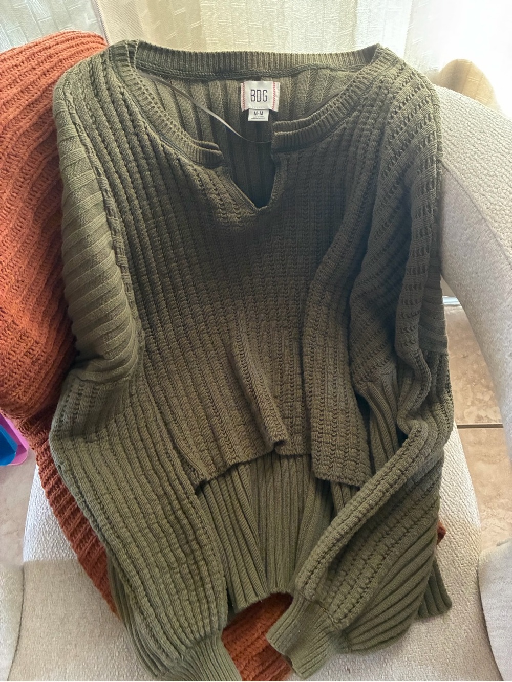 BDG Olive Ribbed Notch-Neck Sweater